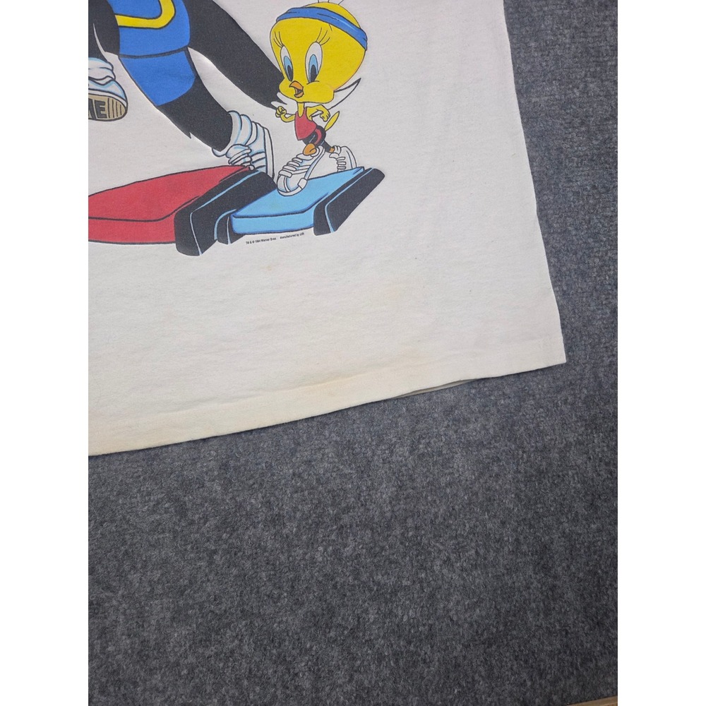 Vintage 90s Looney Tunes T Shirt Mens S White Sylvester Tweety Bird Workout 1994 - Picture 10 of 10